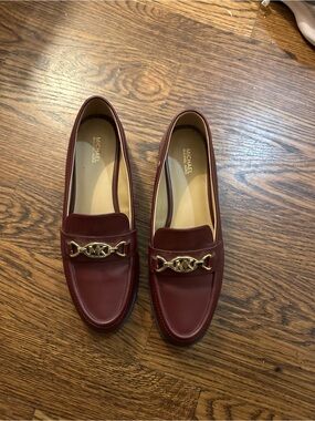 Michael Kors Wine Leather Loafers with Gold Hardware
